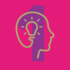A line-drawing of a lightbulb in a silhouette of a persons head over the number one.