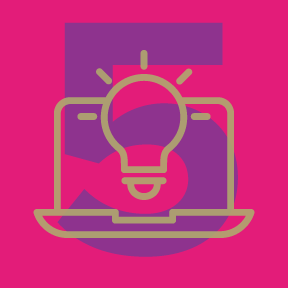 A line-drawing of a lightbulb in front of a laptop computer over the number five.