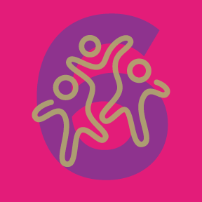 A line-drawing of three people over the number six.
