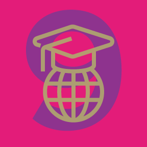 A line-drawing of a globe with a graduation cap over the number nine.