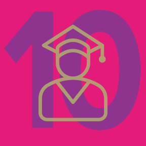 A line-drawing of a person wearing a graduation cap over the number ten.