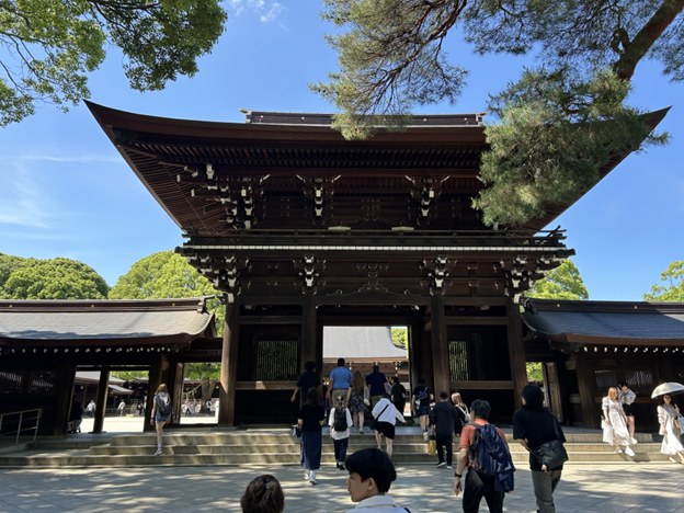 a crowd of people walking towards and away from an entrance to a temple.