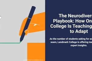 Illustration of a student with a backpack crossing a gap on a bridge being drawn by a giant hand with a pen, next to the headline 'The Neurodiversity Playbook: How One Tiny College Is Teaching Others to Adapt.'