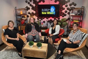 Staff members of the Landmark College Success Center sit in a podcast studio alongside host Sherrean Carr. From left-to-right, the pictured individuals are Sandra Fishler, Sarah Firestein, Oindrila Das, and Sherrean Carr.
