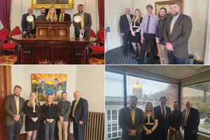 A delegation of Landmark College visitors is pictured with various elected officials. Landmark representatives include Interim President Jim Dlugos, Student Government President Grace Nelson, Student Campus Ambassador Daniel Cabaniss, and Associate Director of Marketing Lachlan Francis. Elected officials present in the photo collage are (from top left and clockwise): State Representative Mike Mrowicki (D-Putney), Lt. Governor John Rodgers (R-Glover), State Treasurer Mike Pieciak (D-Winooski), and Secretary of State Sarah Copeland-Hanzas (D-Bradford).