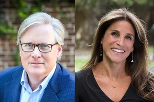 Headshot of a man with light colored hair and glasses next to a headshot of a woman with long brown hair. Both were taken outdoors.