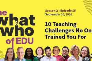 Graphic with podcast title and episode information and headshots of the 10 guests, including Landmark College Professor Rebecca Matte 2nd from the right.