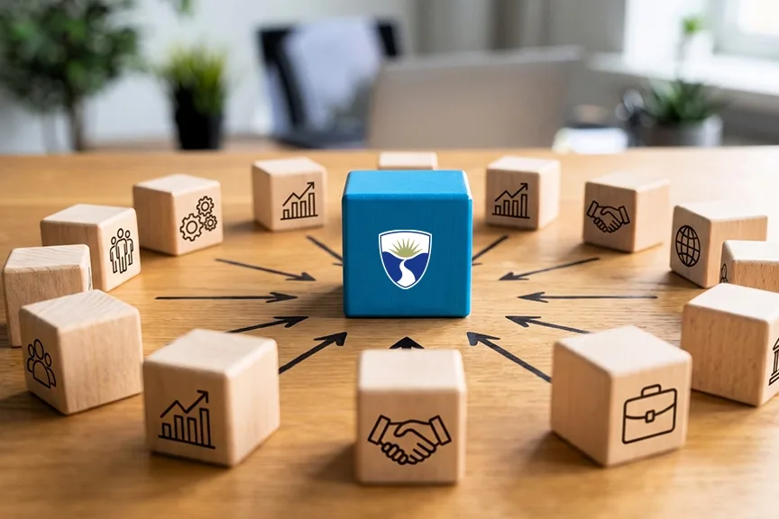 Small wooden blocks with icons positioned in a circle around a blue block with the LC logo in the middle.
