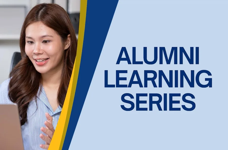 A smiling woman with long hair is engaged in an online session, sitting in front of a laptop. The image features the text “ALUMNI LEARNING SERIES” beside her.
