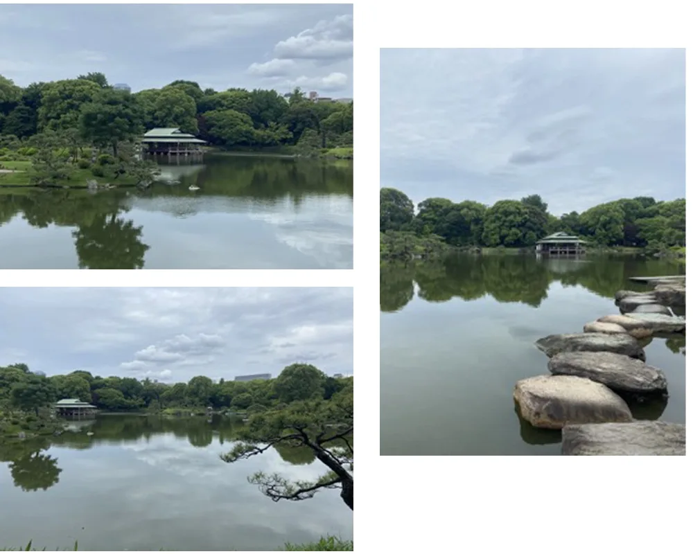 Multiple angles of a Japanese teahouse from across a lake.