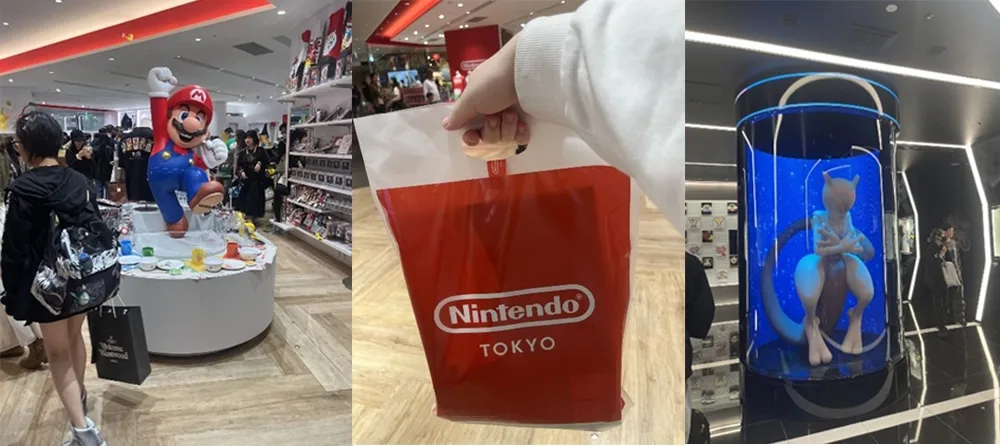 Image collage of Mario display, red Nintendo shopping bag and packaged action figure