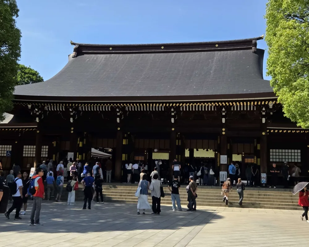Shinto shrine with crowd.
