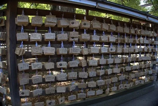 Multiple tables with Japanese writing hanging on racks in outdoor space