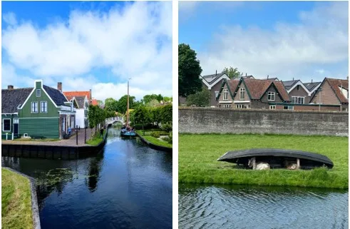 Two side-by-side photos show scenery along a canal: wooden and brick buildings, a footbridge in the distance, and a boat-shaped shelter with two goats underneath.