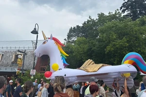 A giant unicorn pool floatie