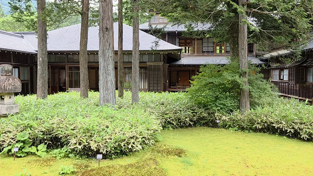 A fancy house with trees and shrubs around it.