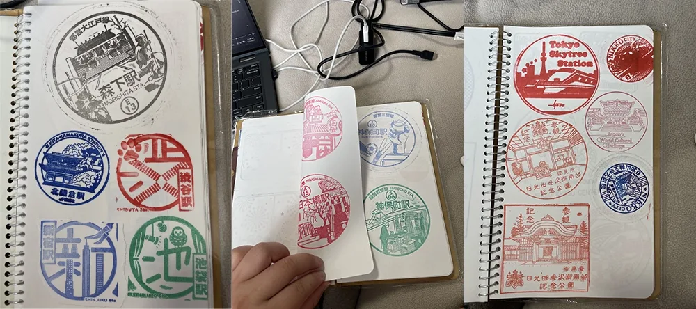 Three separate images placed side by side showing pages in a spiral notebook filled with ink stamps