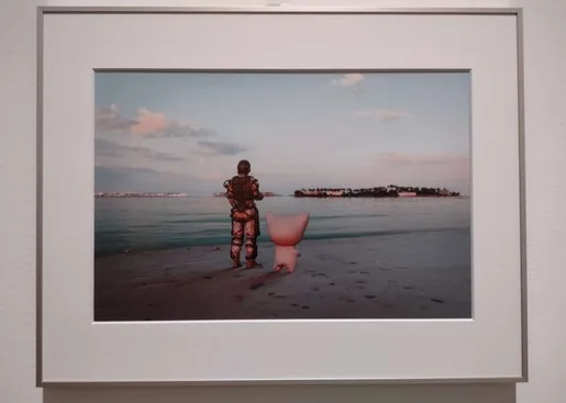 A photo frame with two video game avatars of a soldier and small pink creature overlooking the ocean together.