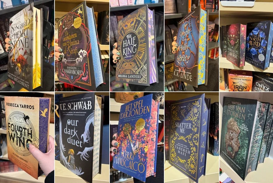 Collage of ornate fantasy book covers written in Dutch
