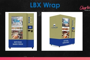 front and sideview of a vending machine with landmark college logo and blue and gold brand colors