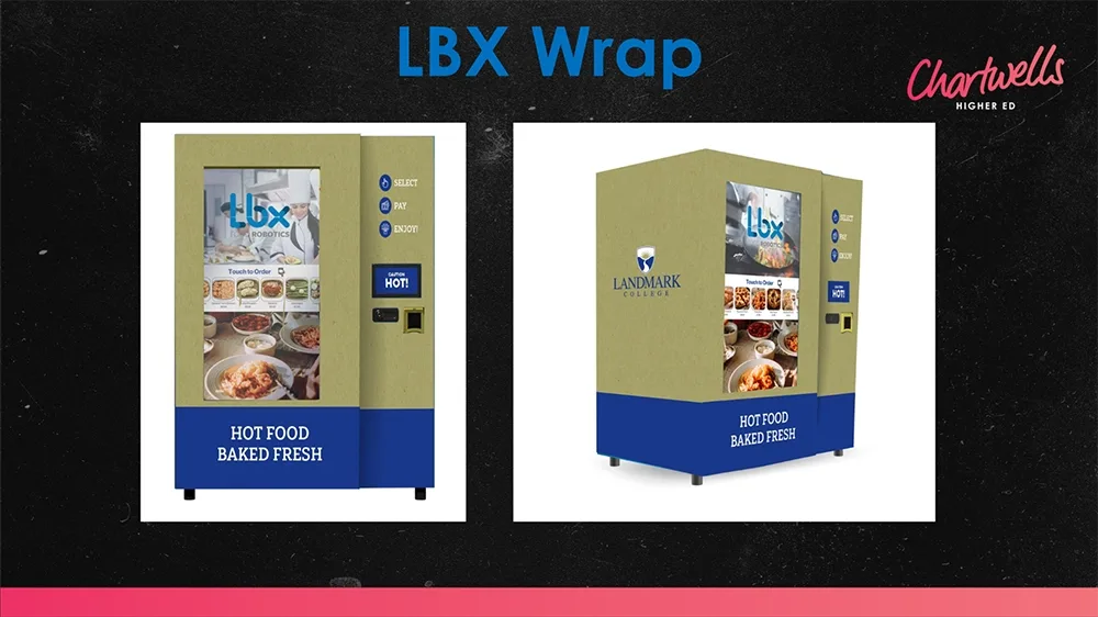 front and sideview of a vending machine with landmark college logo and blue and gold brand colors