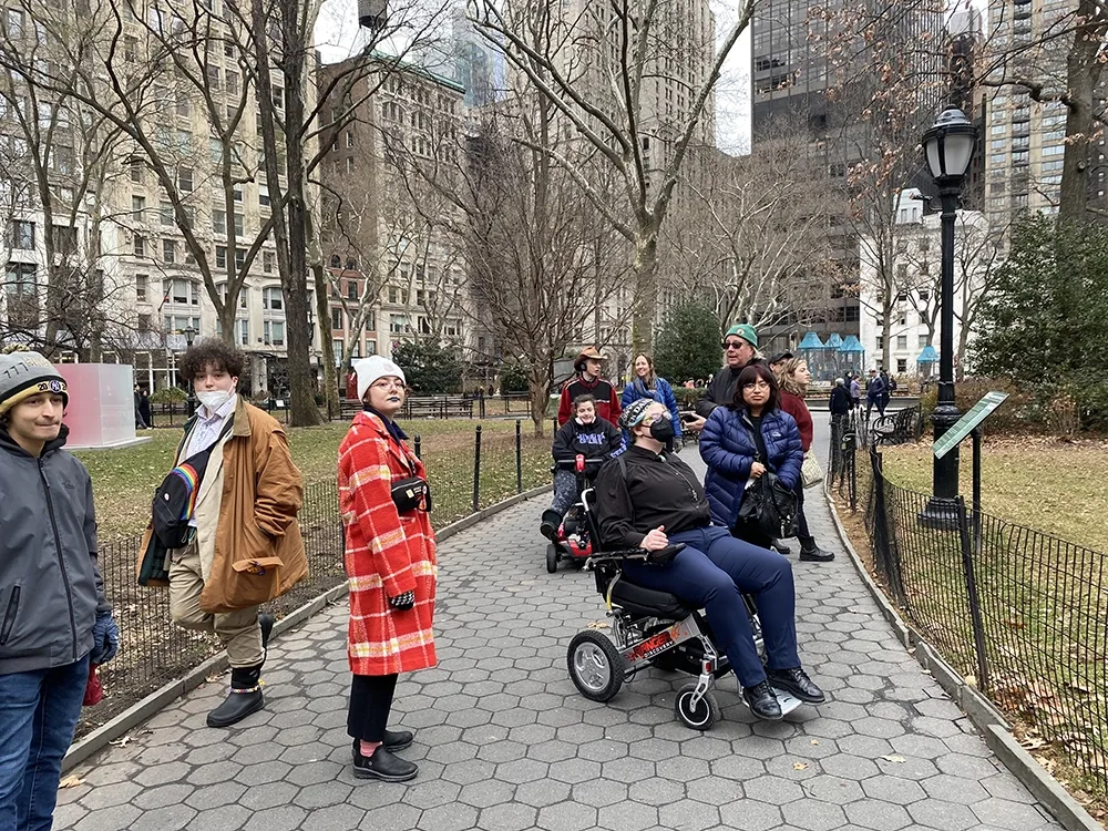 A picture of the theater students heading downtown by foot