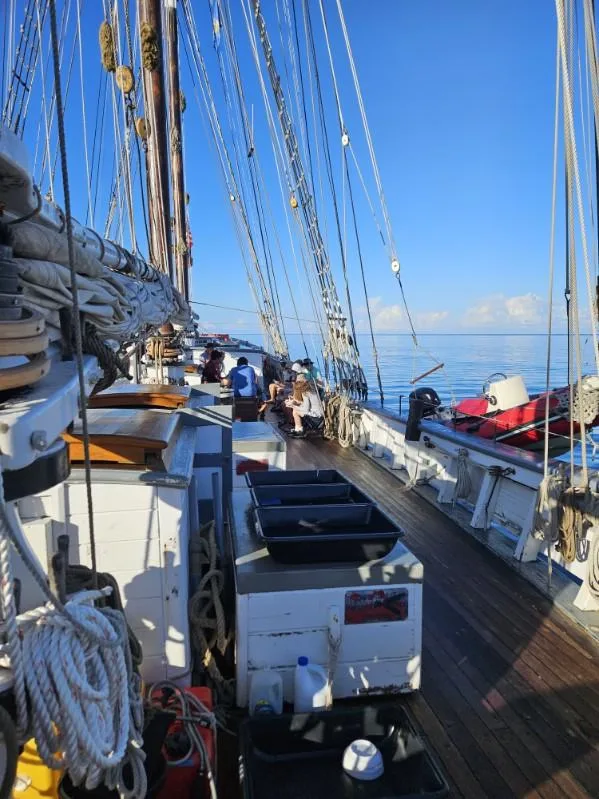 ship deck with group of people gathered together in background