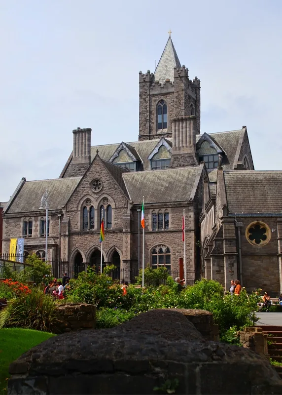Christ Church Cathedral is a historic landmark in Dublin, Ireland, featuring a tall Gothic tower and stone exterior