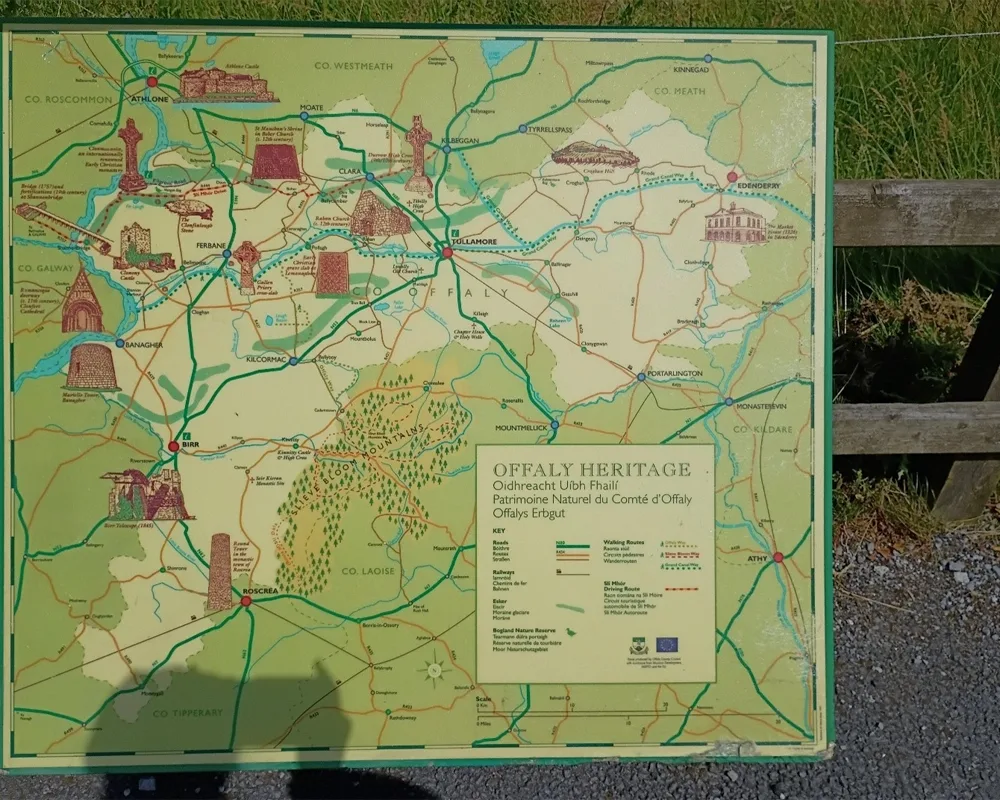 Large map of the historical sites in the region including Clonmacnoise. The map shows the Shannon River and counties Galway, Clare, Meath and West Meath