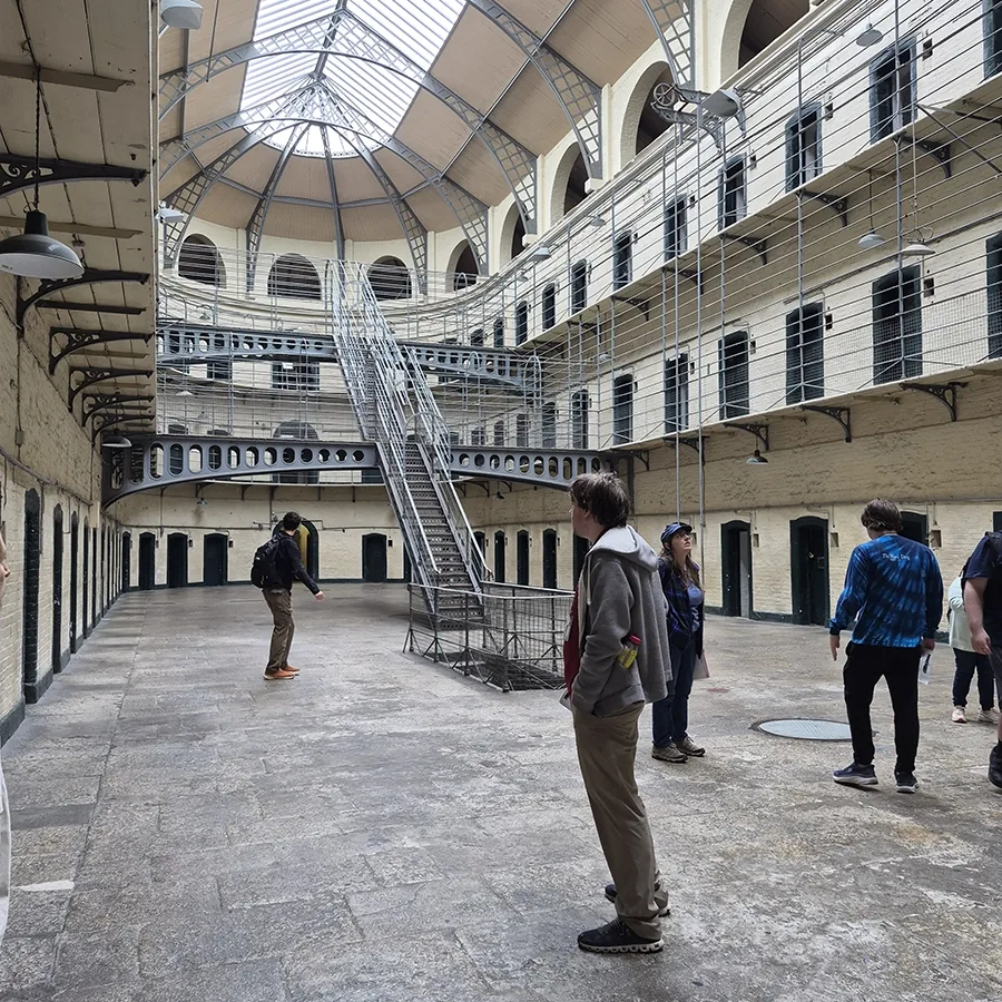 Kilmainham Gaol east wing, an example of the panopticon, a prison design that allows guards to view all inmates cells from the central viewing platform.