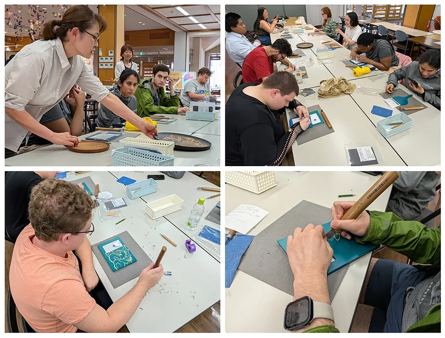 A grid of four photos featuring various scenes of people using wood carving tools.