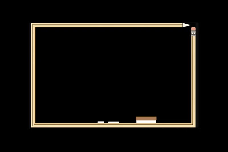An illustration of a blank chalkboard with two chalk and an eraser on a black background.