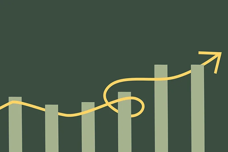 A yellow line with an arrow weaving upwards between the bars on a graph on an olive green background.