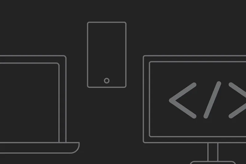 White line illustration of a smartphone, laptop and desktop computer on a black background.