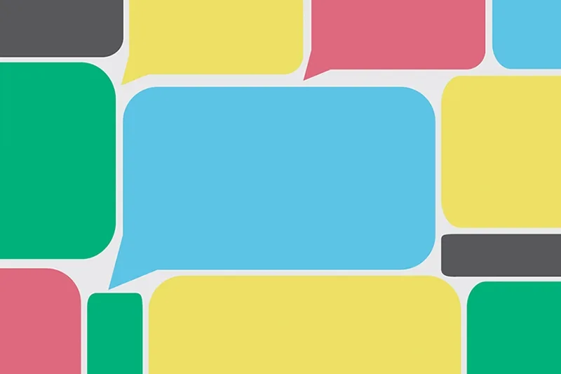A grid of yellow, red, blue and black rectangular thought bubbles.