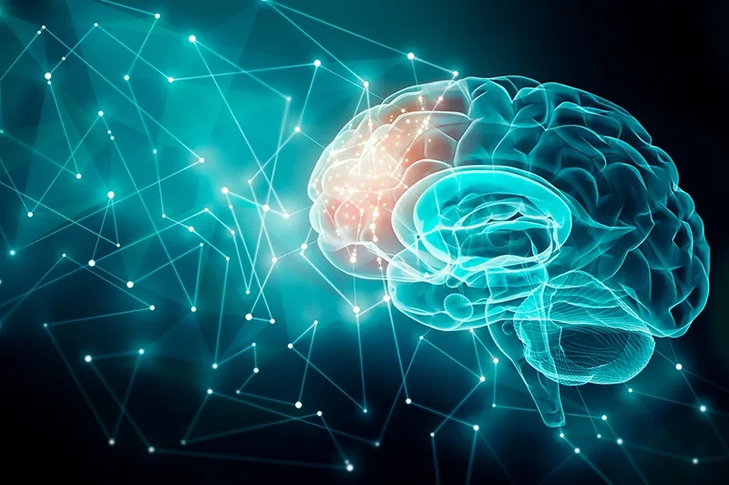 Brain illustration with prefrontal cortex emitting sparks.