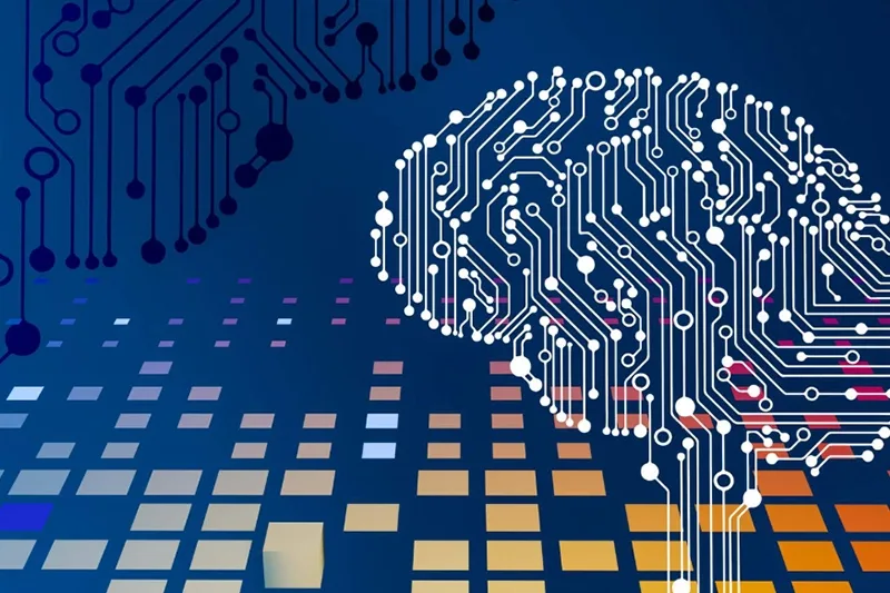 A computer circuit board illustration of two brains on a background with orange squares.