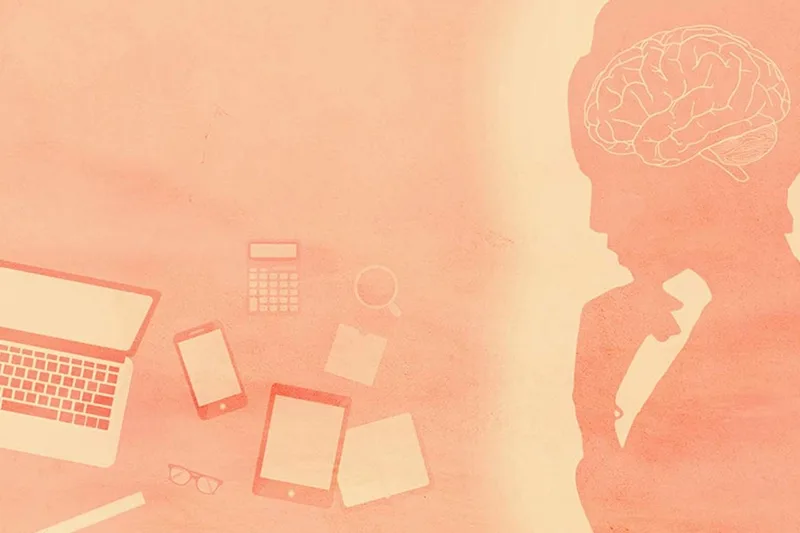 A peach colored illustration a silhouette of a woman thinking with digital devices in front of her.