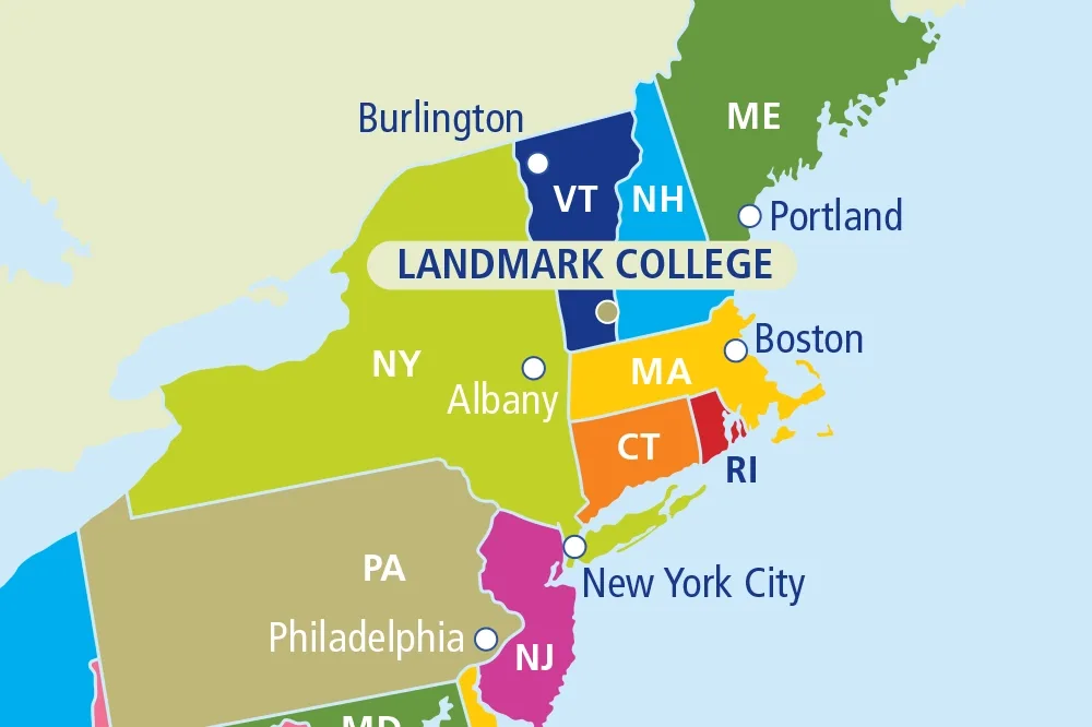 A colorful map of New England showing where Landmark College is located in Vermont.