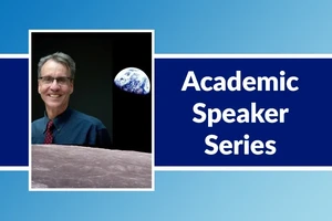 Headshot of Eric Rhomberg above the surface of the moon with the earth in the background.