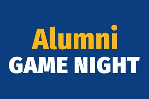 The word "Alumni" in yellow and the words "Game Night" in white small caps are displayed over a blue background.