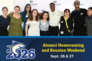 Nine alumni stand together in a friendly manner against a wall bearing the Landmark logo. Below the photo of the students is a blue graphic featuring the Landmark shark with its tail through the zero in "2026," and text that reads "Alumni Homecoming and Reunion Weekend" in yellow and "Sept. 26 & 27" in white.
