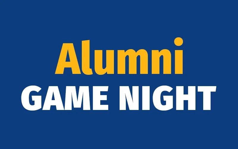 The word "Alumni" in yellow and the words "Game Night" in white small caps are displayed over a blue background.
