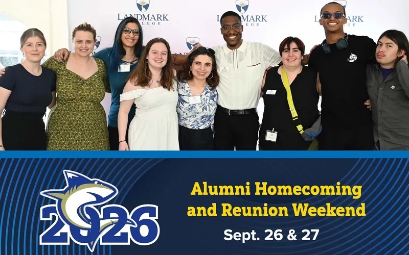 Nine alumni stand together in a friendly manner against a wall bearing the Landmark logo. Below the photo of the students is a blue graphic featuring the Landmark shark with its tail through the zero in "2026," and text that reads "Alumni Homecoming and Reunion Weekend" in yellow and "Sept. 26 & 27" in white.