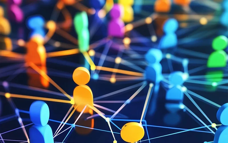 Colorful line and dot network with people icons.