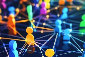 Colorful line and dot network with people icons.
