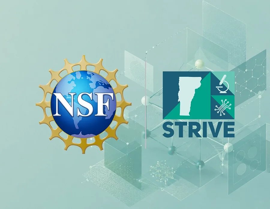 A graphic with logos for "NSF" (a blue earth surrounded by gold spokes) and STRIVE (blue and green themed graphic featuring a cutout of the state of Vermont, a microscope, and lines and circles).