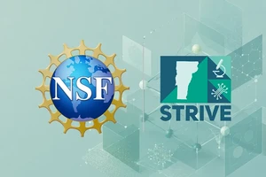 A graphic with logos for "NSF" (a blue earth surrounded by gold spokes) and STRIVE (blue and green themed graphic featuring a cutout of the state of Vermont, a microscope, and lines and circles).