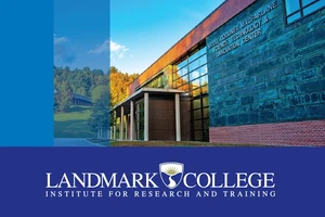 A contemporary academic building with large glass windows and brick and stone exterior, displaying the sign ‘Nicole Goodner MacFarlane Science, Technology & Innovation Center,’ with a blue Landmark College Institute for Research and Training banner beneath the photo.