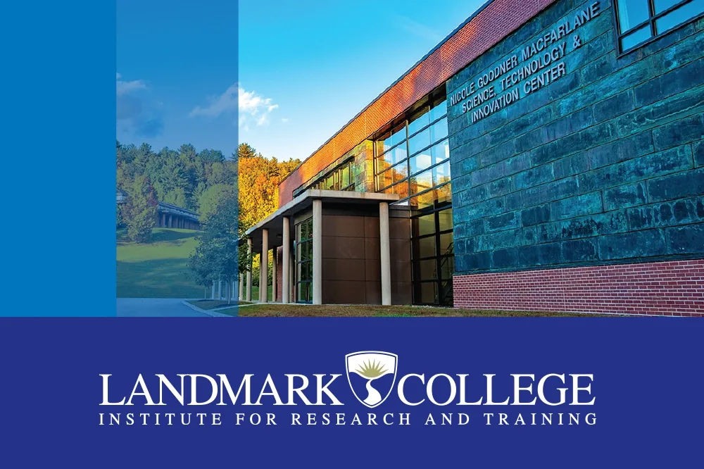 A contemporary academic building with large glass windows and brick and stone exterior, displaying the sign ‘Nicole Goodner MacFarlane Science, Technology & Innovation Center,’ with a blue Landmark College Institute for Research and Training banner beneath the photo.